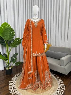 Orange crepe thread with sequin sharara suit 3