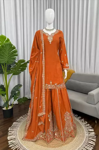 Orange crepe thread with sequin sharara suit