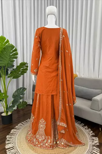 Orange crepe thread with sequin sharara suit