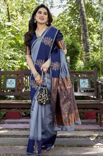 Grey zari woven Art silk saree with blouse