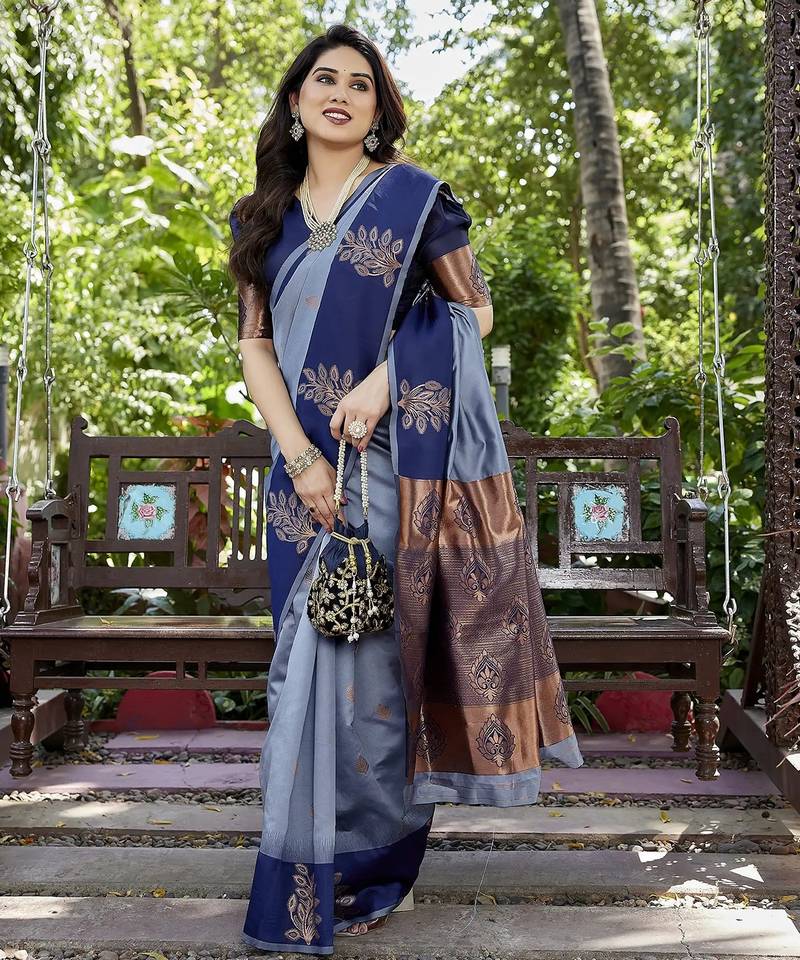 Grey zari woven Art silk saree with blouse