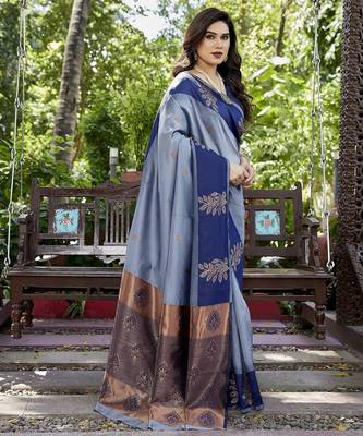 Grey zari woven Art silk saree with blouse 3