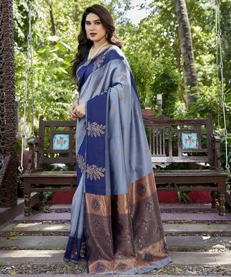 Grey zari woven Art silk saree with blouse 4