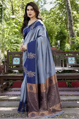 Grey zari woven Art silk saree with blouse