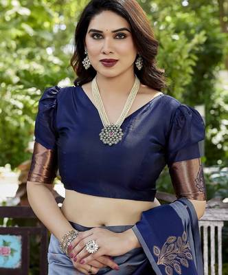 Grey zari woven Art silk saree with blouse 5