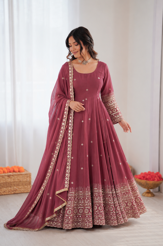 Onion pink chanderi silk thread with sequin anarkali suit