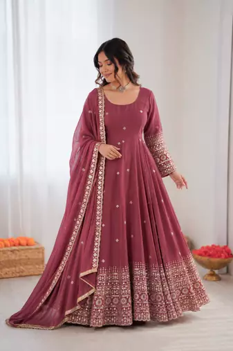 Onion pink chanderi silk thread with sequin anarkali suit