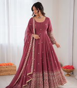 Onion pink chanderi silk thread with sequin anarkali suit