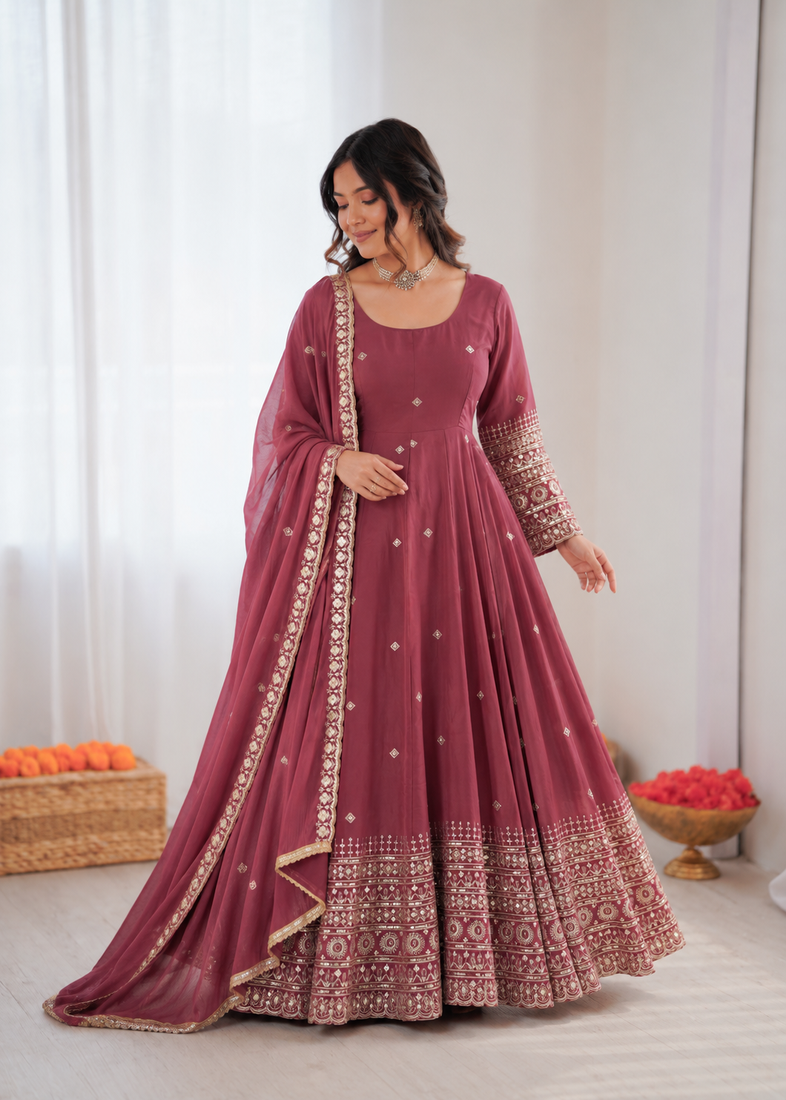 Onion pink chanderi silk thread with sequin anarkali suit