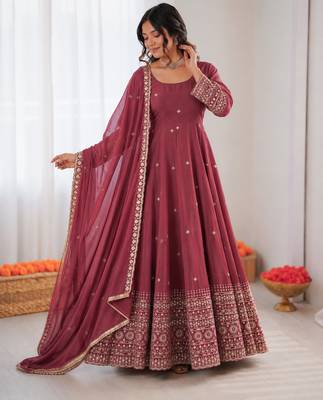 Onion pink chanderi silk thread with sequin anarkali suit 2