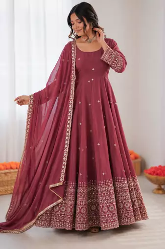 Onion pink chanderi silk thread with sequin anarkali suit