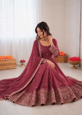 Onion pink chanderi silk thread with sequin anarkali suit 3