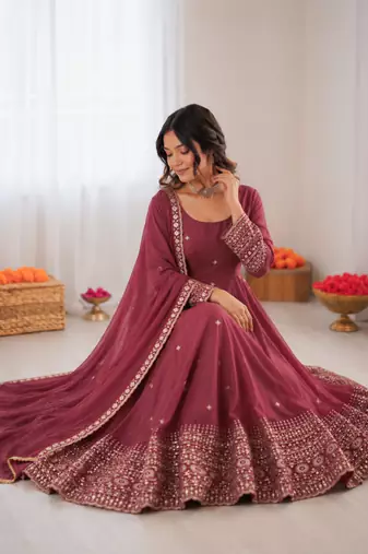 Onion pink chanderi silk thread with sequin anarkali suit