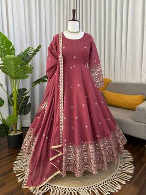 Onion pink chanderi silk thread with sequin anarkali suit 4