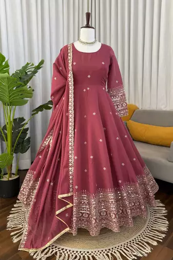 Onion pink chanderi silk thread with sequin anarkali suit