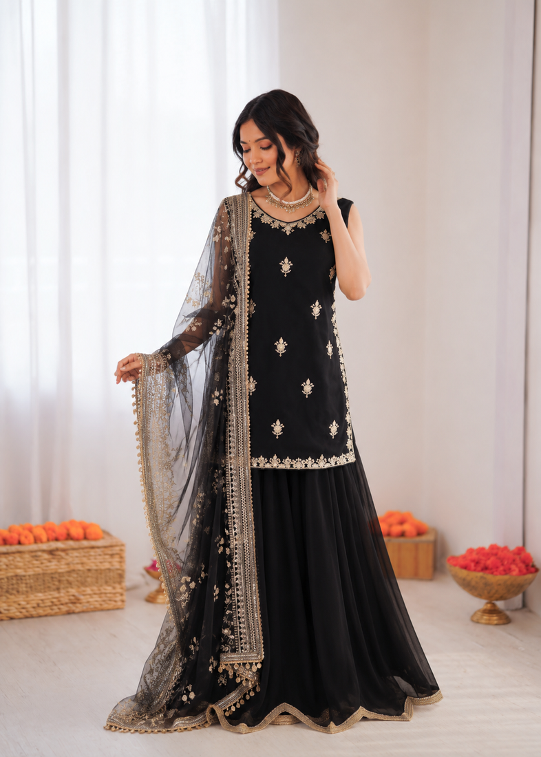 Black georgette thread with sequin palazzo suit