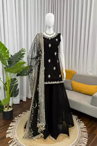 Black georgette thread with sequin palazzo suit