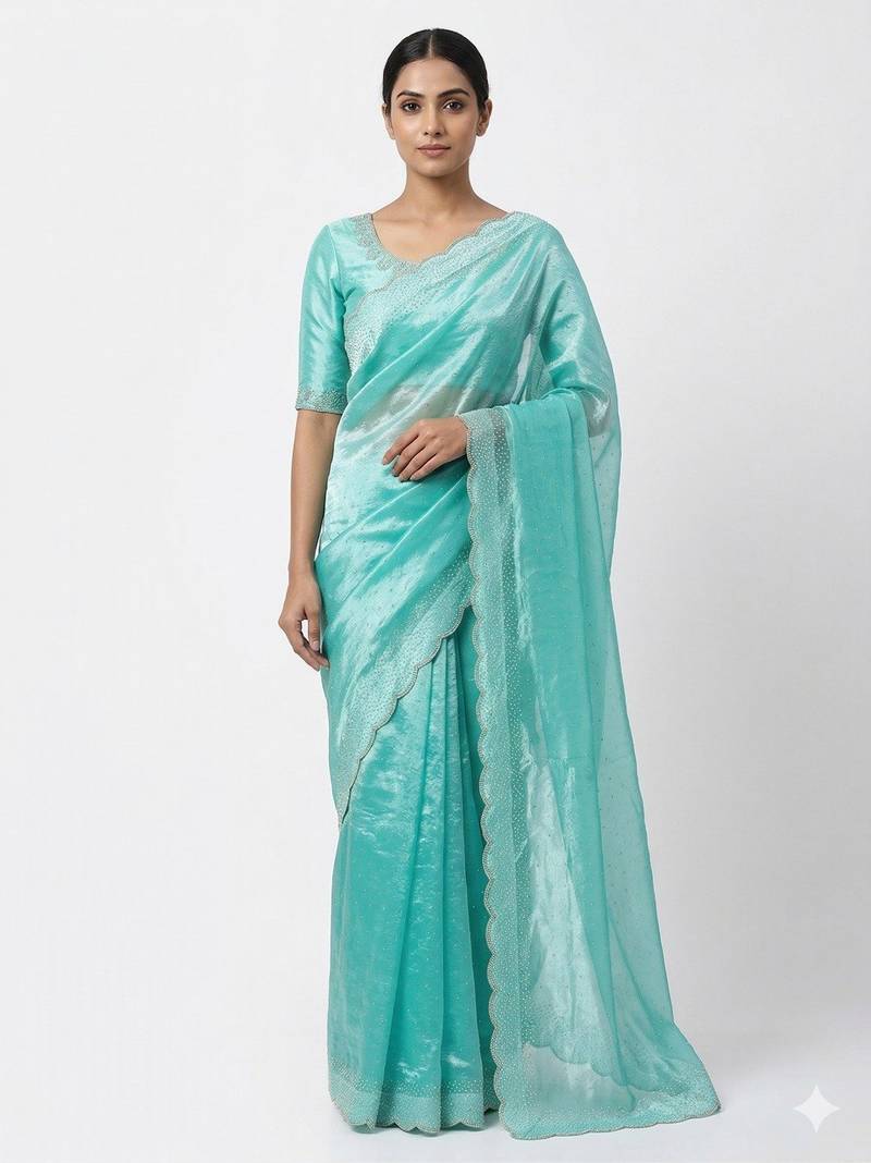New Designer Space Silk Saree with Elegant Zarkan Diamond Work Saree With Blouse Set For Women's