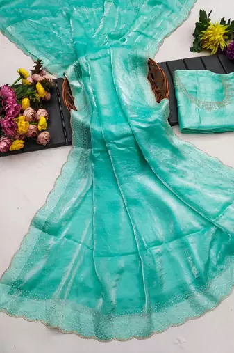 New Designer Space Silk Saree with Elegant Zarkan Diamond Work Saree With Blouse Set For Women's