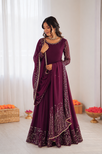 Wine georgette thread with sequin anarkali suit