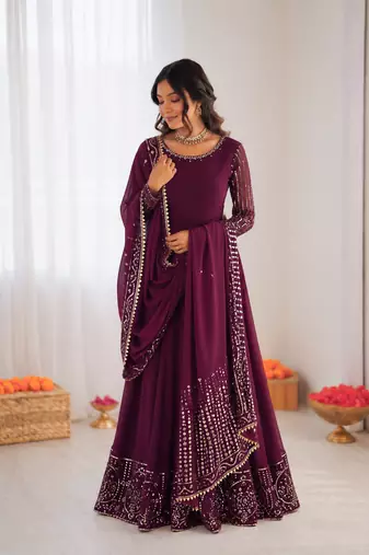 Wine georgette thread with sequin anarkali suit
