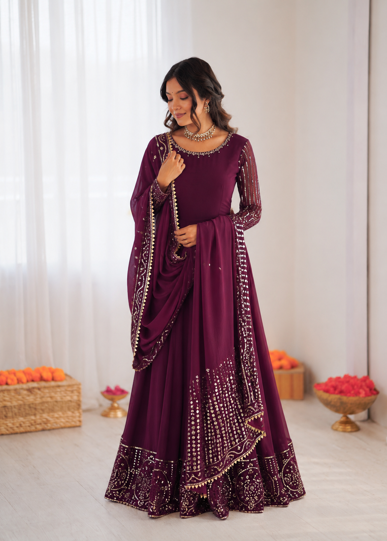 Wine georgette thread with sequin anarkali suit
