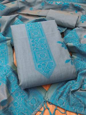 Grey jamdani silk blend dress material 1