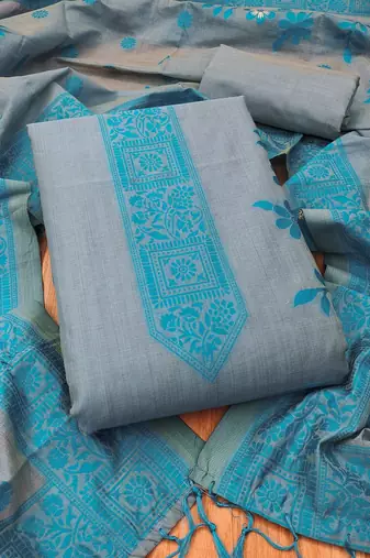 Grey jamdani silk blend dress material