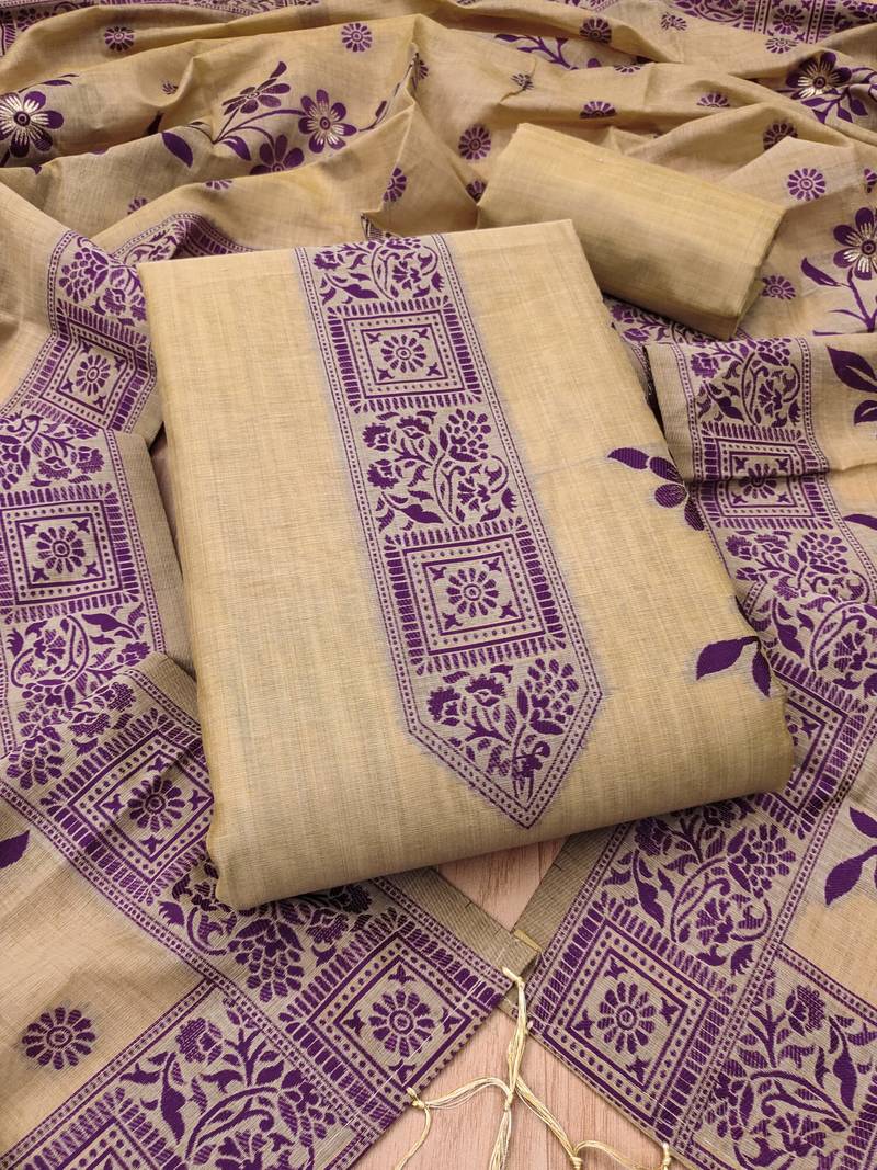 Chikoo jamdani silk blend dress material