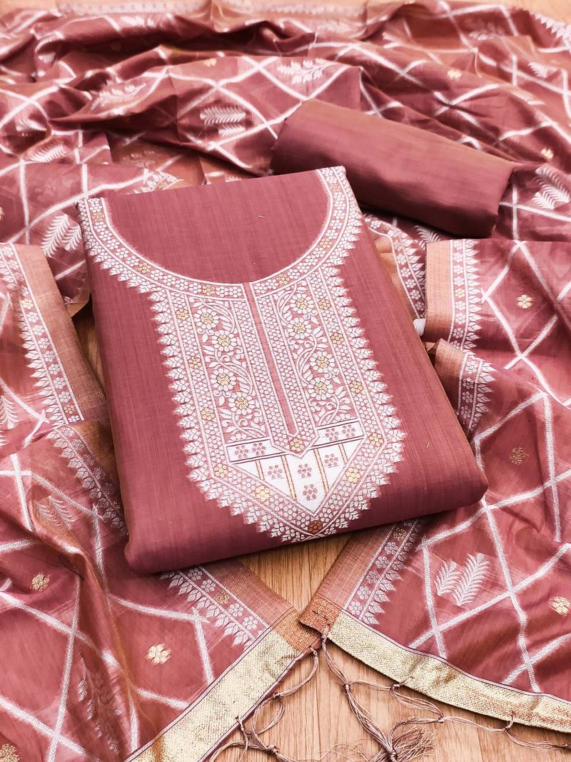 Pink jamdani silk blend dress material