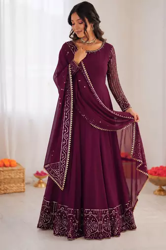 Wine georgette thread with sequin anarkali suit