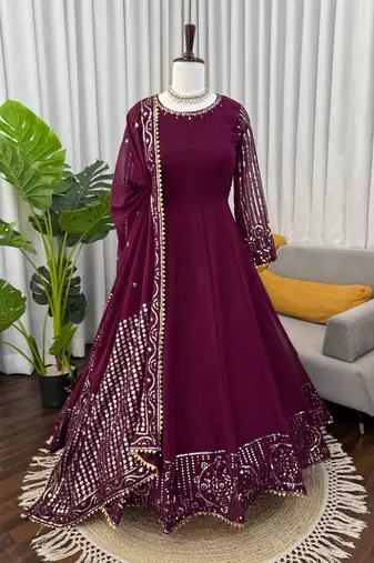 Wine georgette thread with sequin anarkali suit
