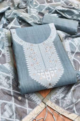 Grey jamdani silk blend dress material