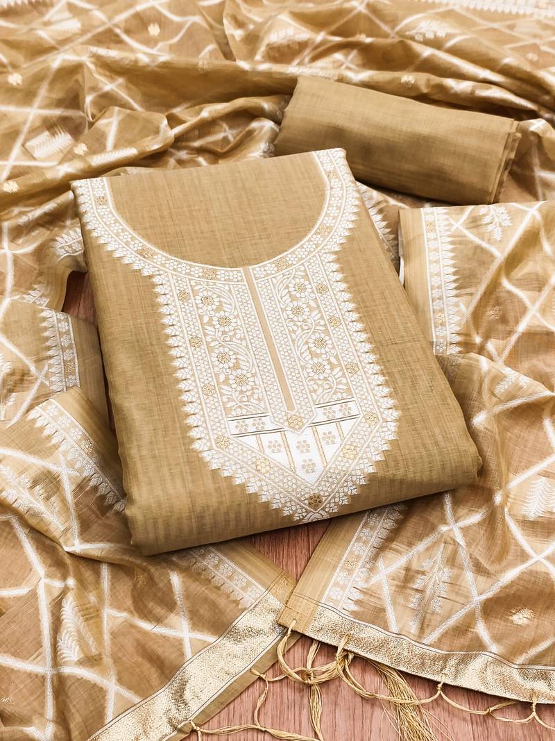 Chikoo jamdani silk blend dress material