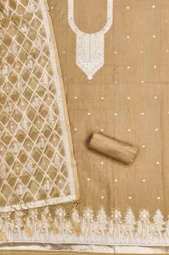 Chikoo jamdani silk blend dress material