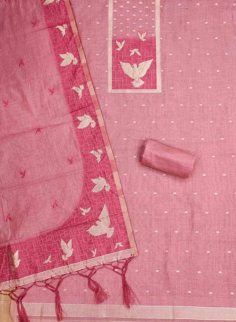 Pink jamdani silk blend dress material