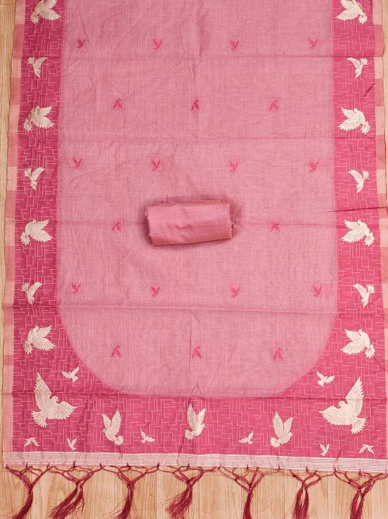 Pink jamdani silk blend dress material