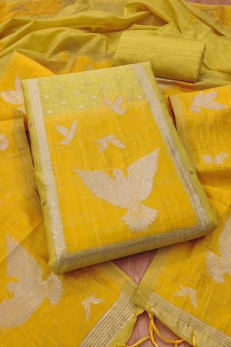 Yellow jamdani silk blend dress material