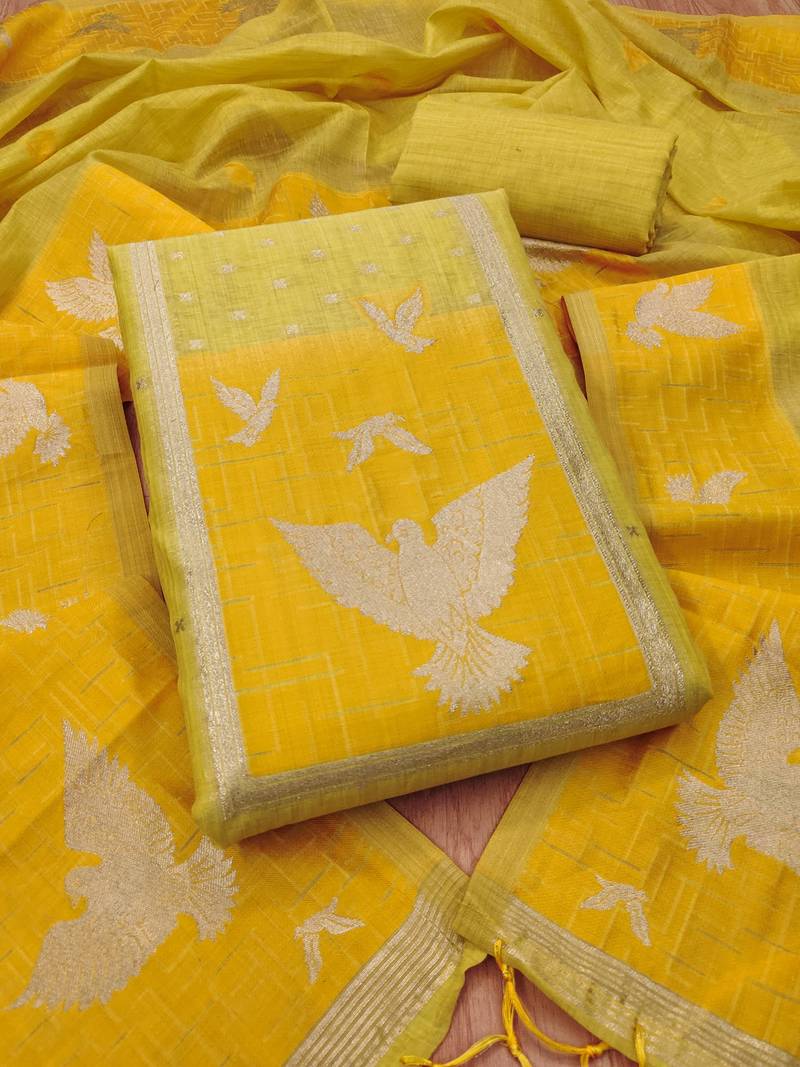 Yellow jamdani silk blend dress material