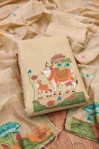 Cream jamdani silk blend dress material