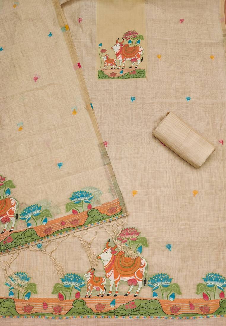 Cream jamdani silk blend dress material