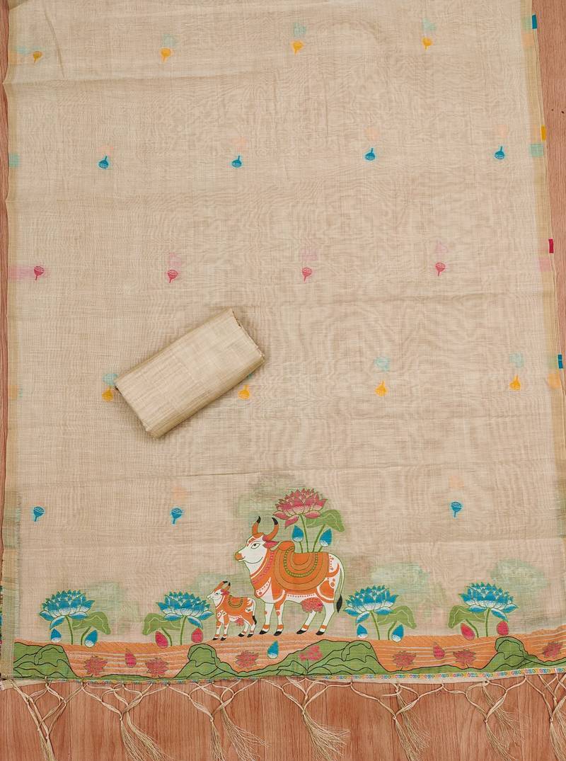 Cream jamdani silk blend dress material