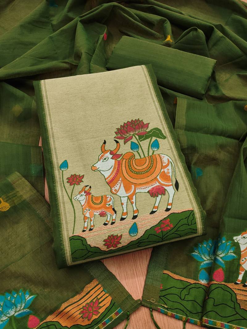 Mehendi jamdani silk blend dress material