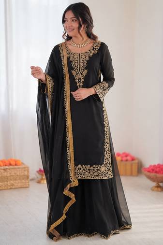 Black georgette thread with sequin palazzo suit