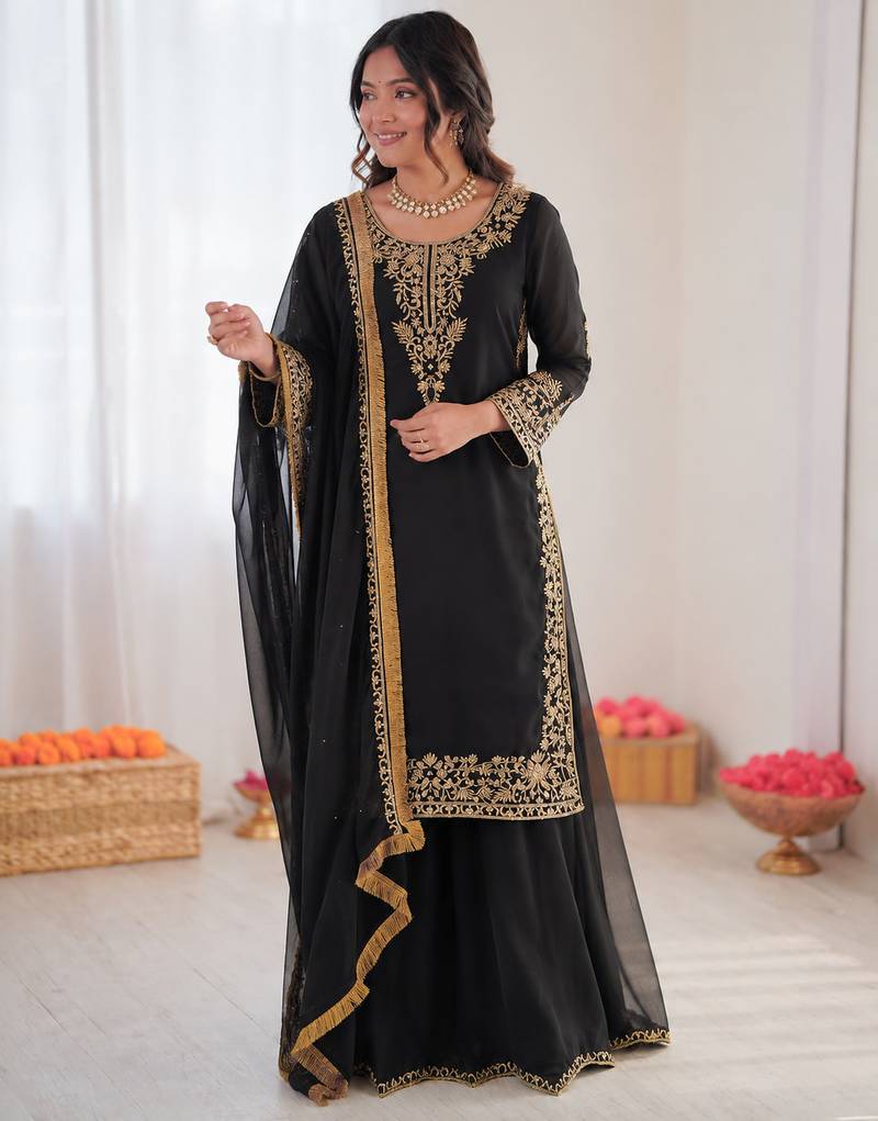 Black georgette thread with sequin palazzo suit