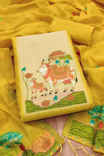 Yellow jamdani silk blend dress material