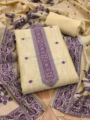Cream jamdani silk blend dress material 1