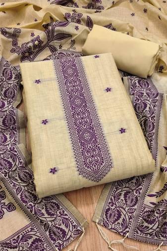 Cream jamdani silk blend dress material