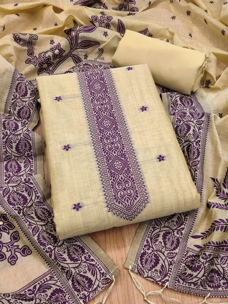 Cream jamdani silk blend dress material