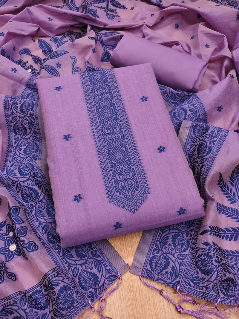 Purple jamdani silk blend dress material